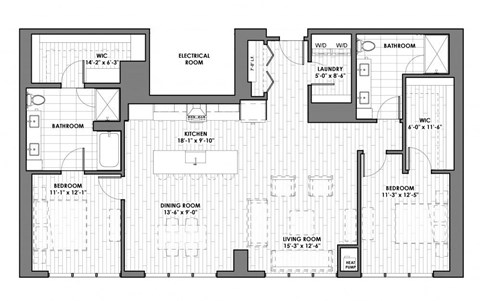 Floor plan for 2 beds, 2 baths, 1575 sqft